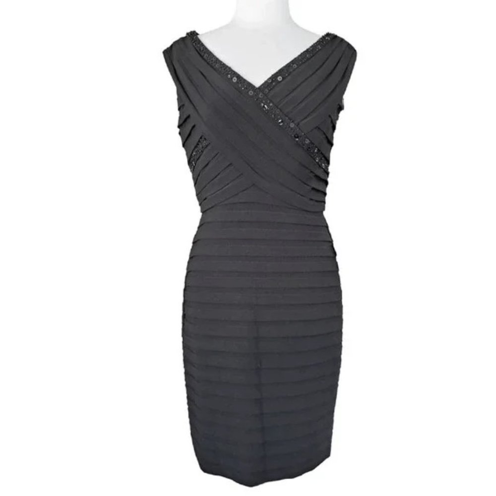Adrianna Papell  Black Pleated Cocktail Dress Crossover Sheath Beaded Size 4